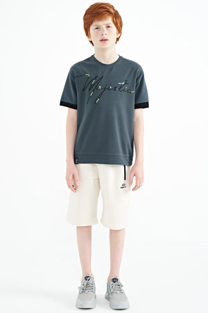 ön yazi nakişli o yaka oversize erkek çocuk t-shirt - 11147 - Justyol