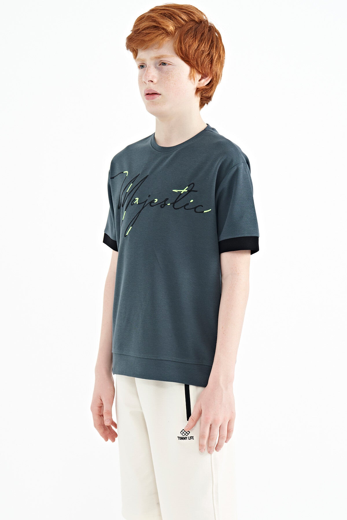 ön yazi nakişli o yaka oversize erkek çocuk t-shirt - 11147 - Justyol