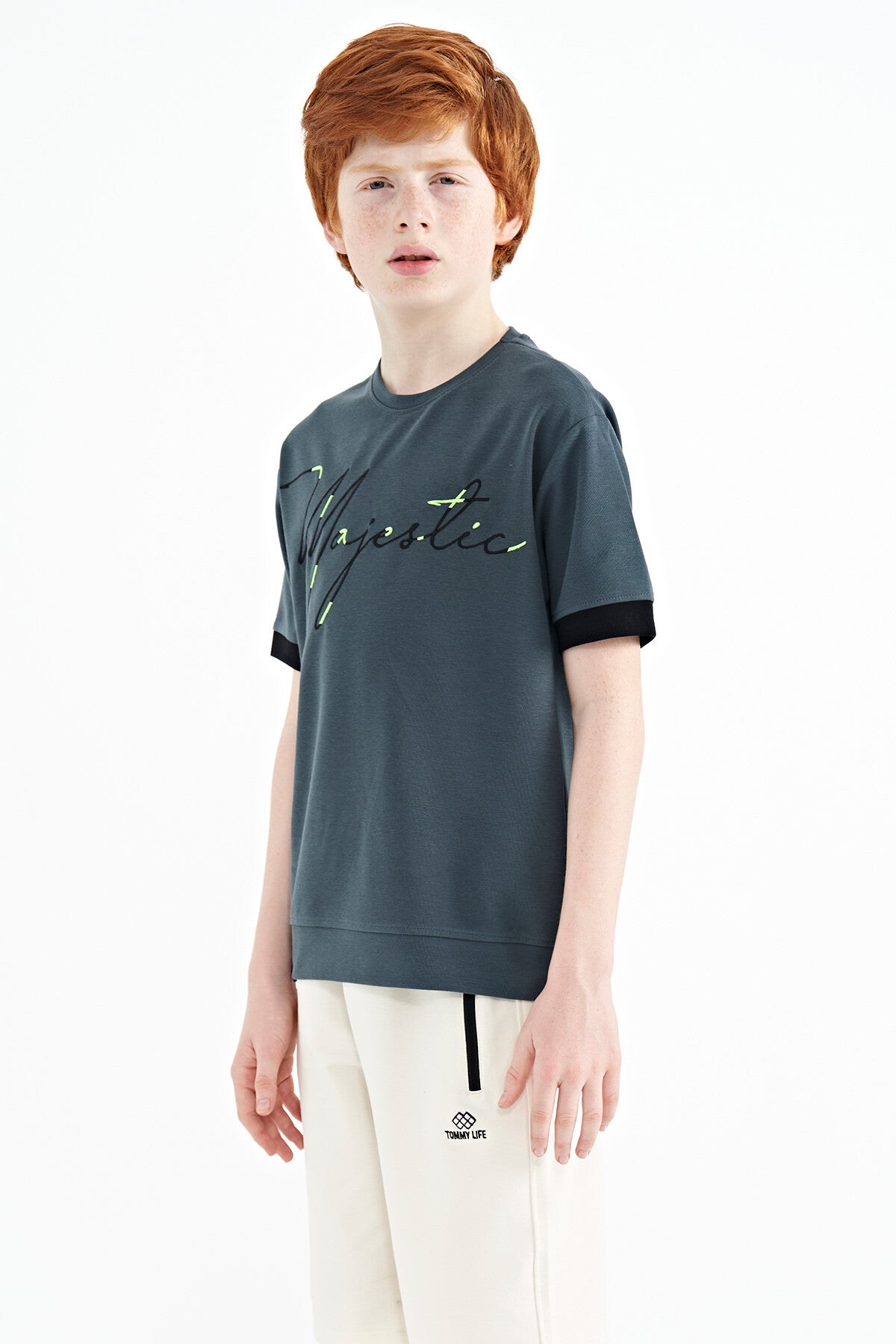 ön yazi nakişli o yaka oversize erkek çocuk t-shirt - 11147 - Justyol