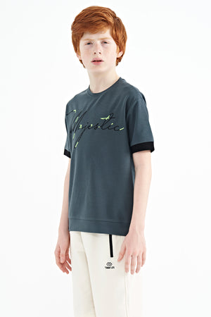 ön yazi nakişli o yaka oversize erkek çocuk t-shirt - 11147 - Justyol