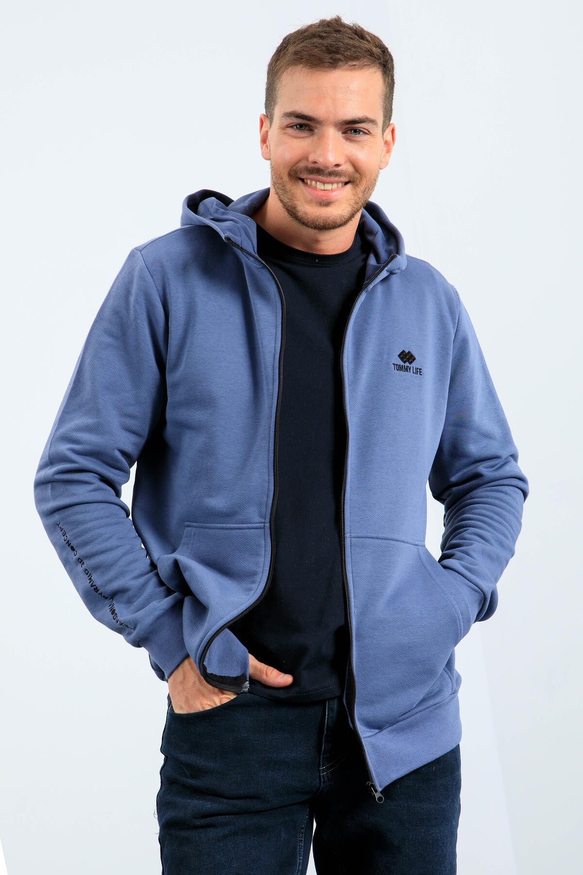 basic kapüşonlu rahat form nakiş detayli fermuarli erkek sweatshirt - 88035 - Justyol