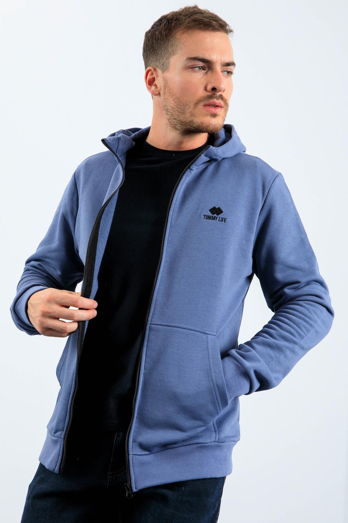basic kapüşonlu rahat form nakiş detayli fermuarli erkek sweatshirt - 88035 - Justyol