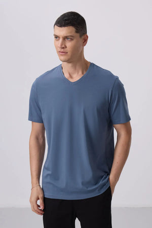 basic kisa kol standart kalip v yaka erkek t-shirt - 87912 - Justyol