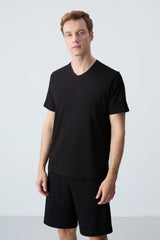 basic kisa kol standart kalip v yaka erkek t-shirt - 87912 - Justyol