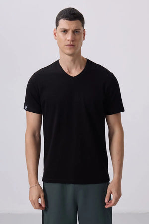 basic kisa kol standart kalip v yaka erkek t-shirt - 87912 - Justyol