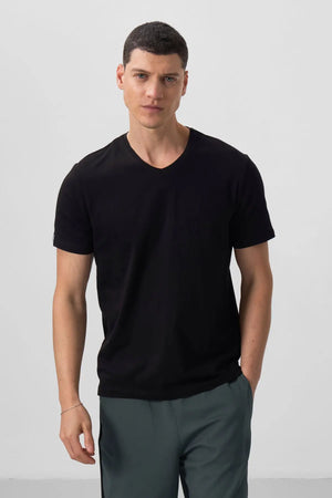 basic kisa kol standart kalip v yaka erkek t-shirt - 87912 - Justyol