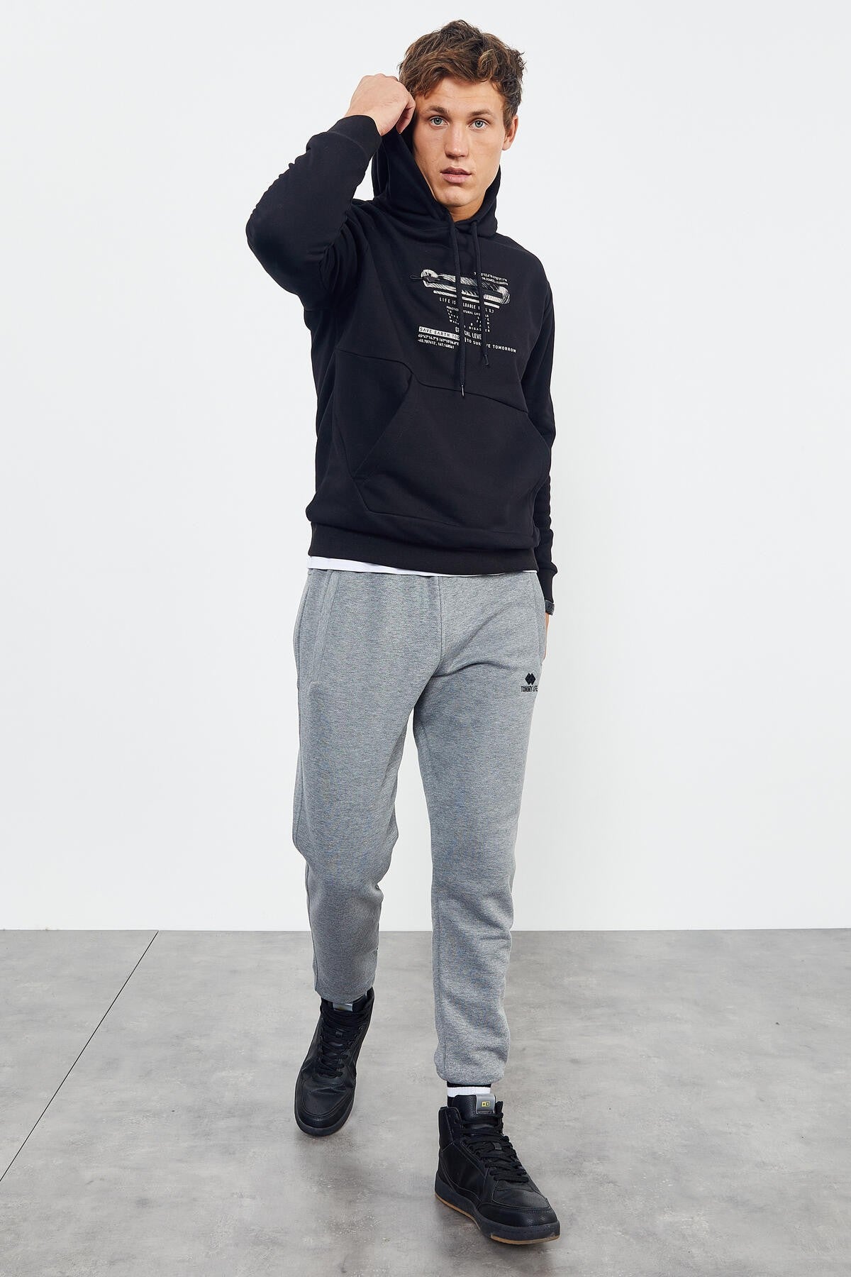 baskili kapüşonlu kanguru cep rahat form erkek sweatshirt - 88019 - Justyol
