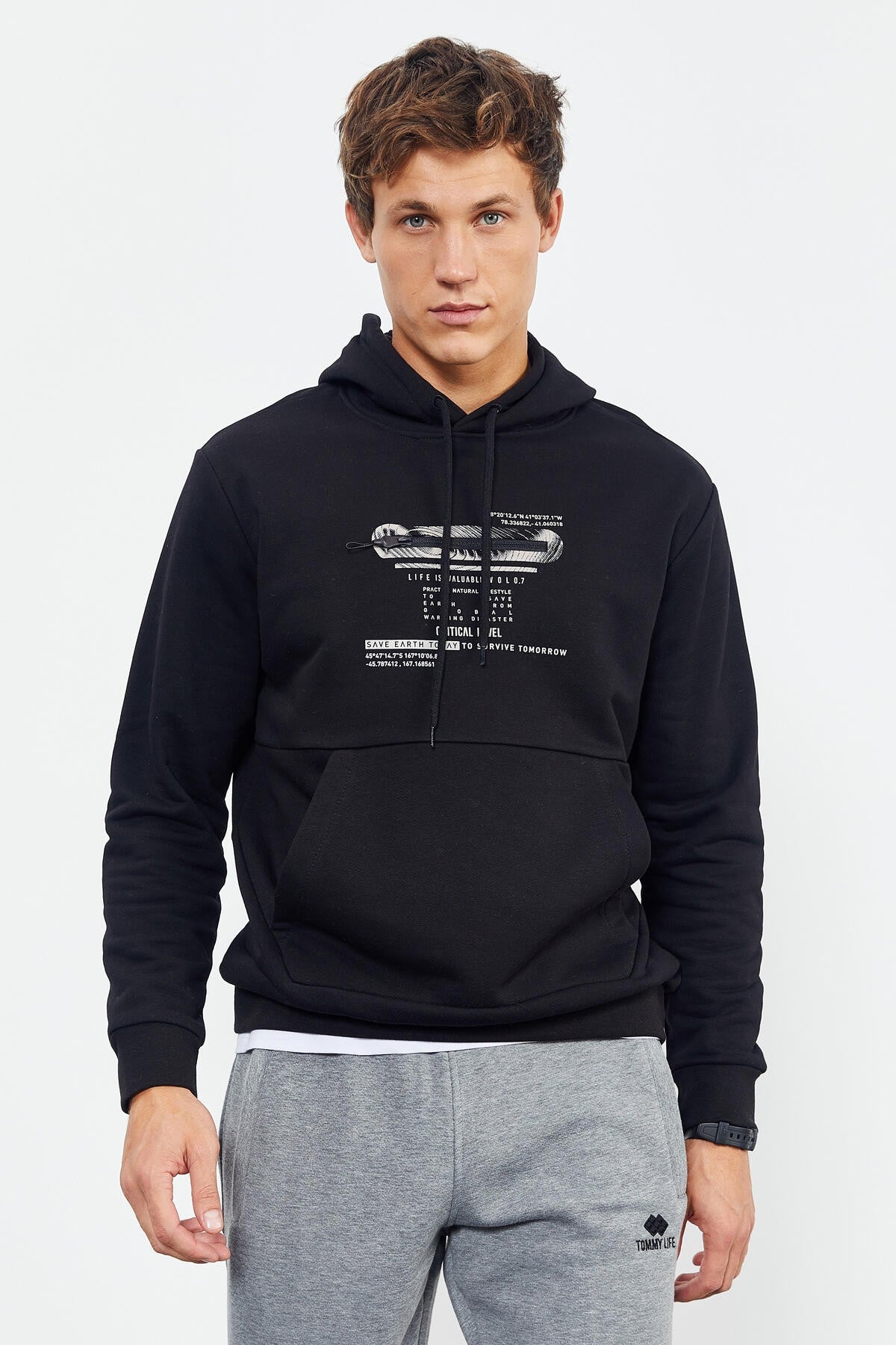 baskili kapüşonlu kanguru cep rahat form erkek sweatshirt - 88019 - Justyol