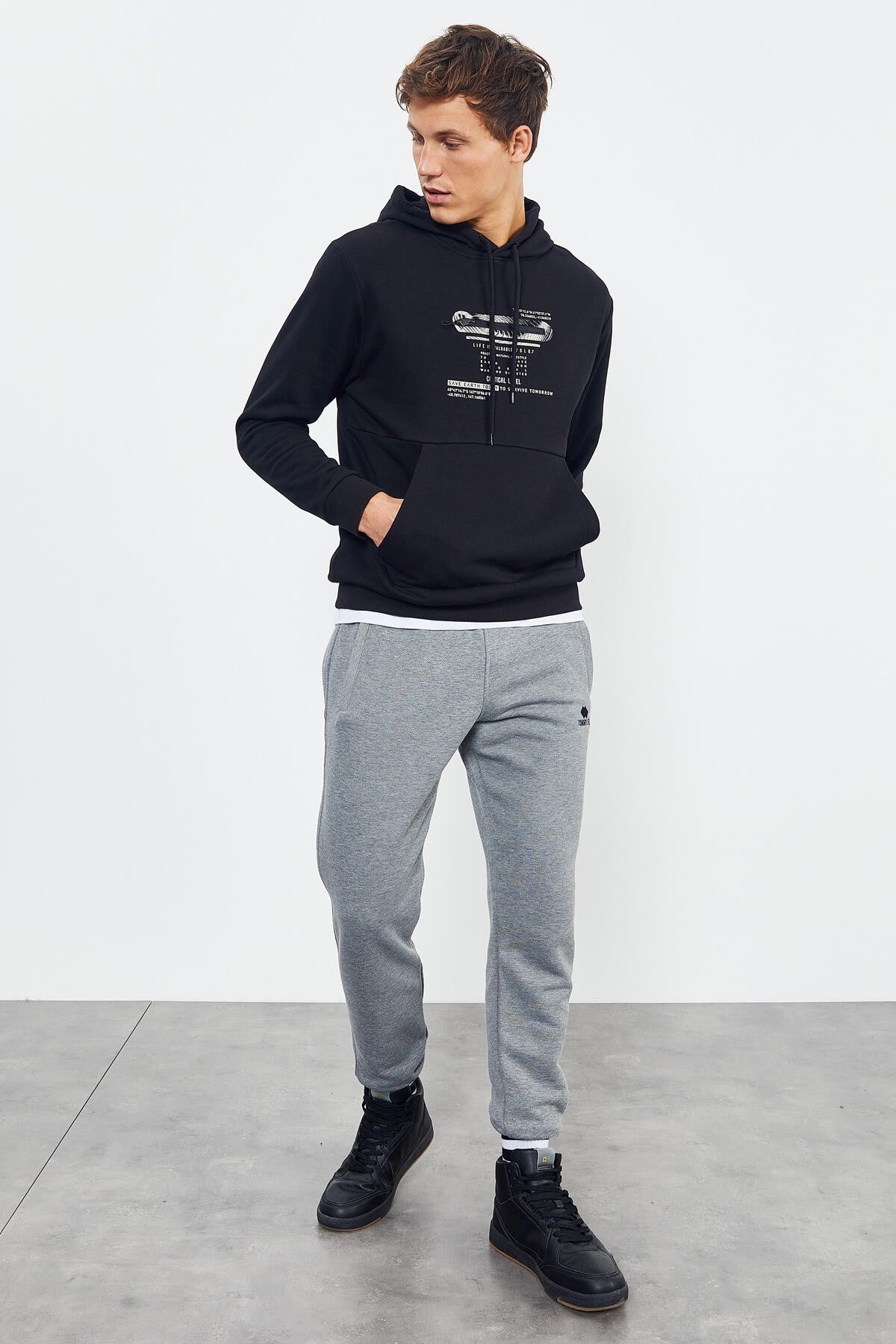 baskili kapüşonlu kanguru cep rahat form erkek sweatshirt - 88019 - Justyol