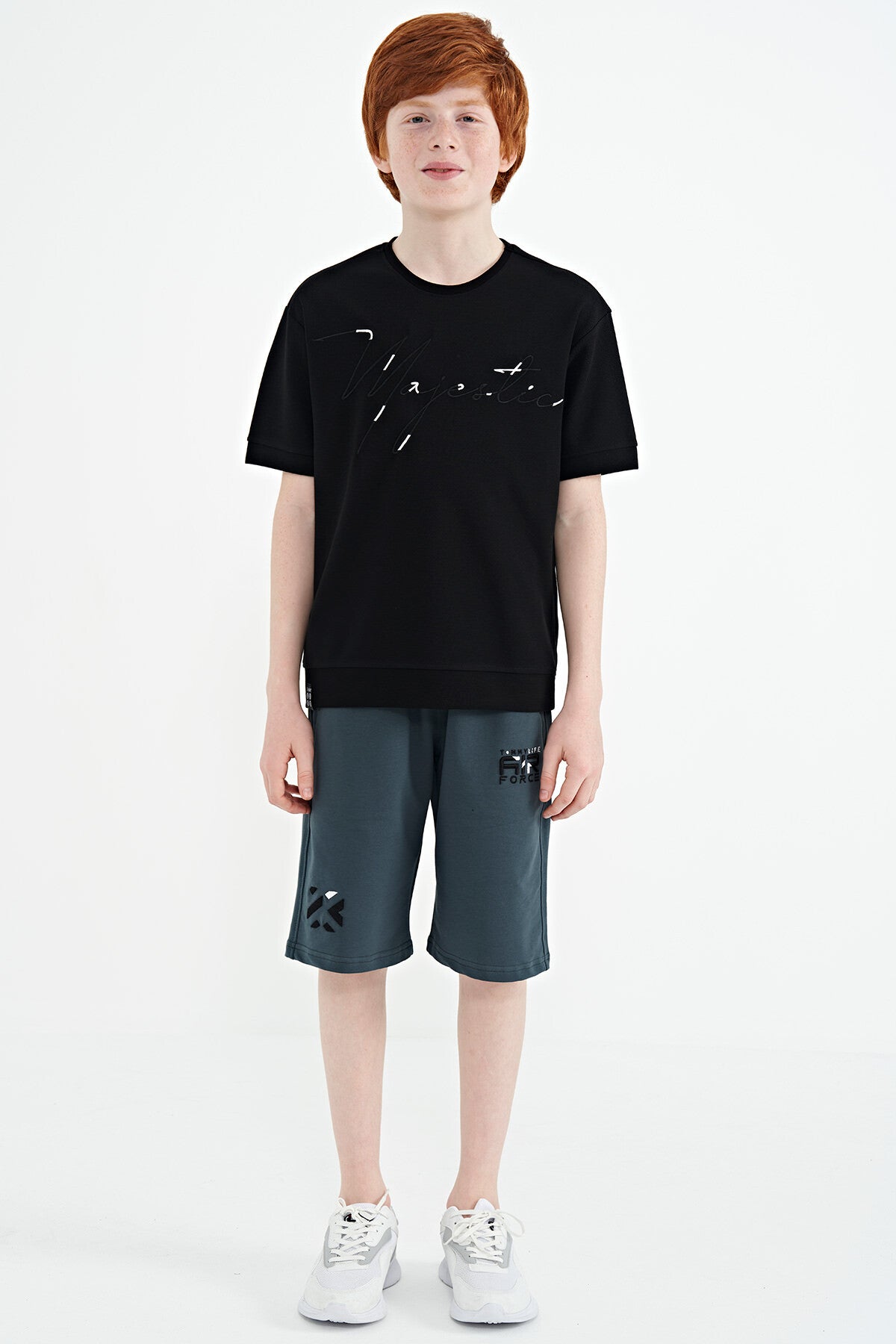 ön yazi nakişli o yaka oversize erkek çocuk t-shirt - 11147 - Justyol
