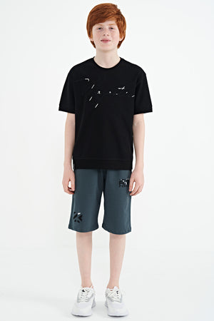 ön yazi nakişli o yaka oversize erkek çocuk t-shirt - 11147 - Justyol