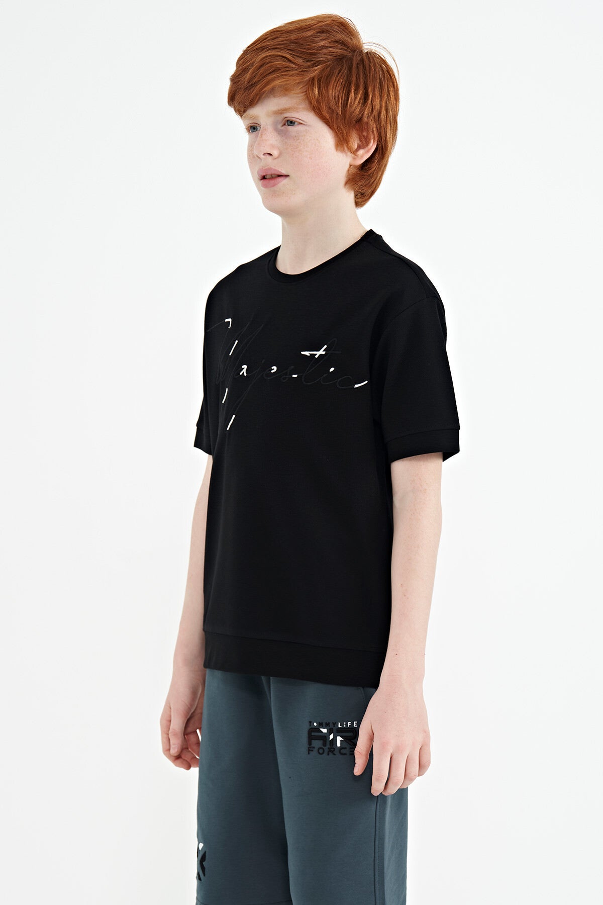 ön yazi nakişli o yaka oversize erkek çocuk t-shirt - 11147 - Justyol