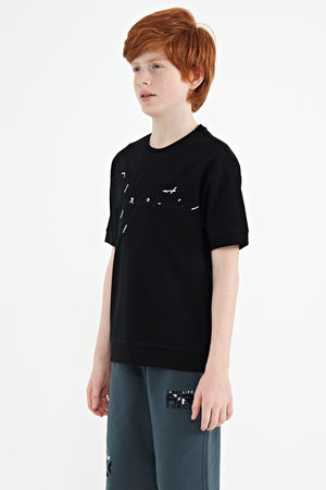ön yazi nakişli o yaka oversize erkek çocuk t-shirt - 11147 - Justyol