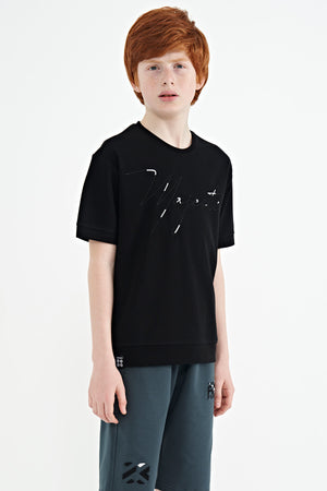 ön yazi nakişli o yaka oversize erkek çocuk t-shirt - 11147 - Justyol