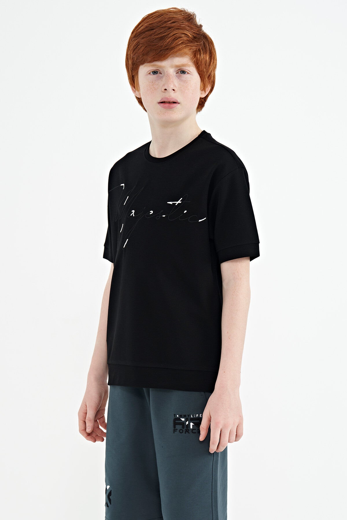 ön yazi nakişli o yaka oversize erkek çocuk t-shirt - 11147 - Justyol