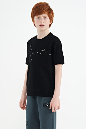 ön yazi nakişli o yaka oversize erkek çocuk t-shirt - 11147 - Justyol