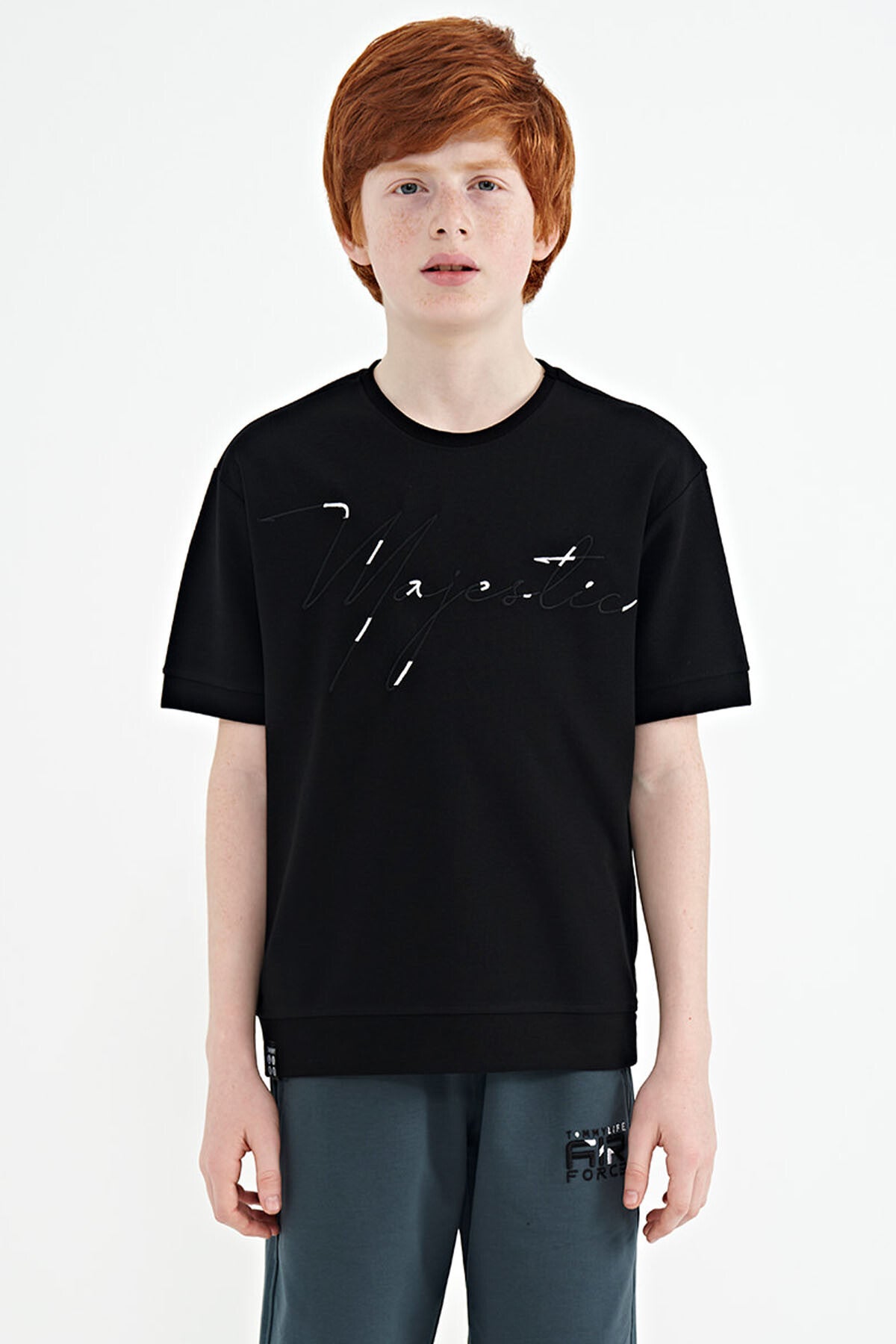 ön yazi nakişli o yaka oversize erkek çocuk t-shirt - 11147 - Justyol