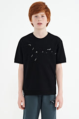ön yazi nakişli o yaka oversize erkek çocuk t-shirt - 11147 - Justyol