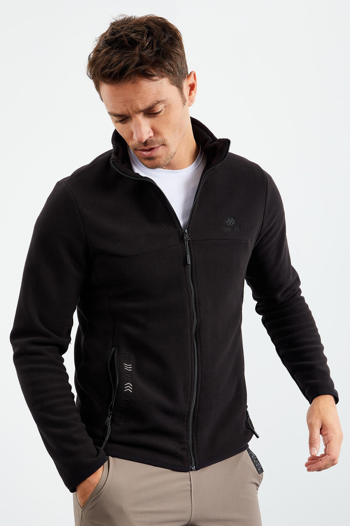 yazi nakişli dik yaka fermuarli standart kalip erkek sweatshirt polar - 87992 - Justyol