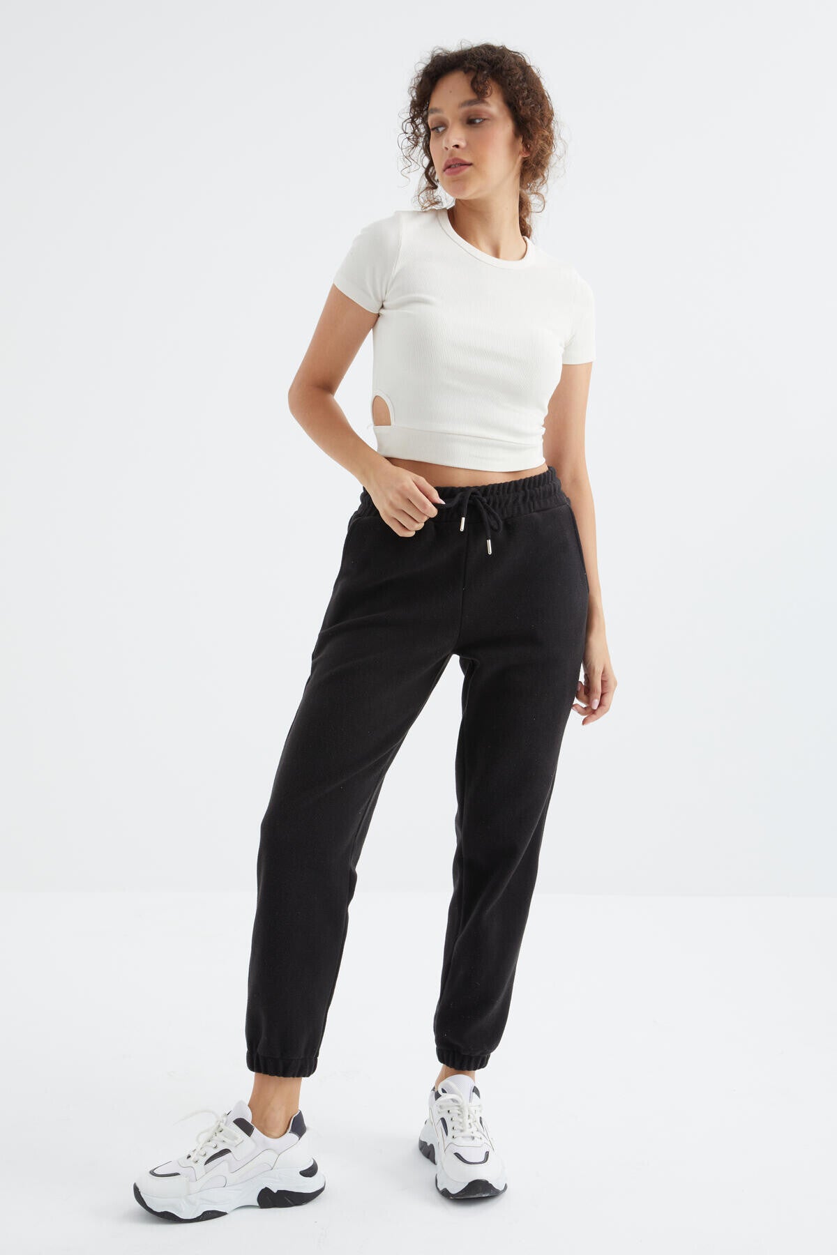 yüksek bel basic bağcikli jogger polar kadin eşofman alt - 94622 - Justyol