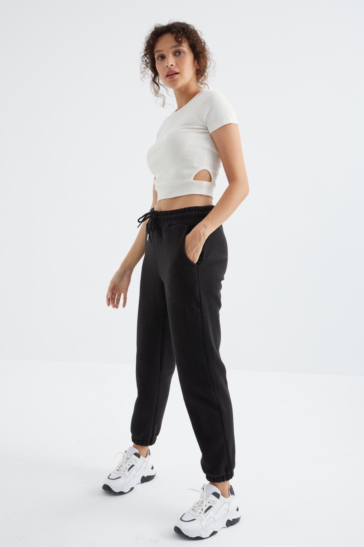 yüksek bel basic bağcikli jogger polar kadin eşofman alt - 94622 - Justyol