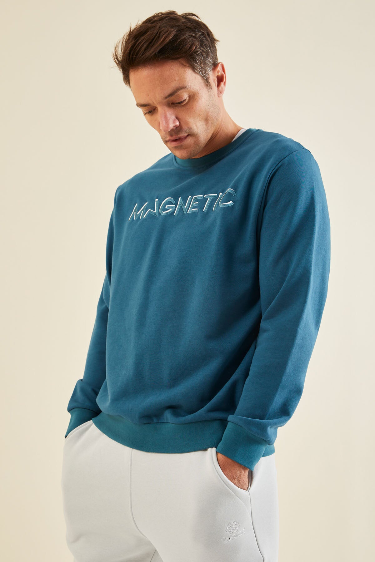 yazi nakişli o yaka rahat form erkek sweatshirt - 88020 - Justyol
