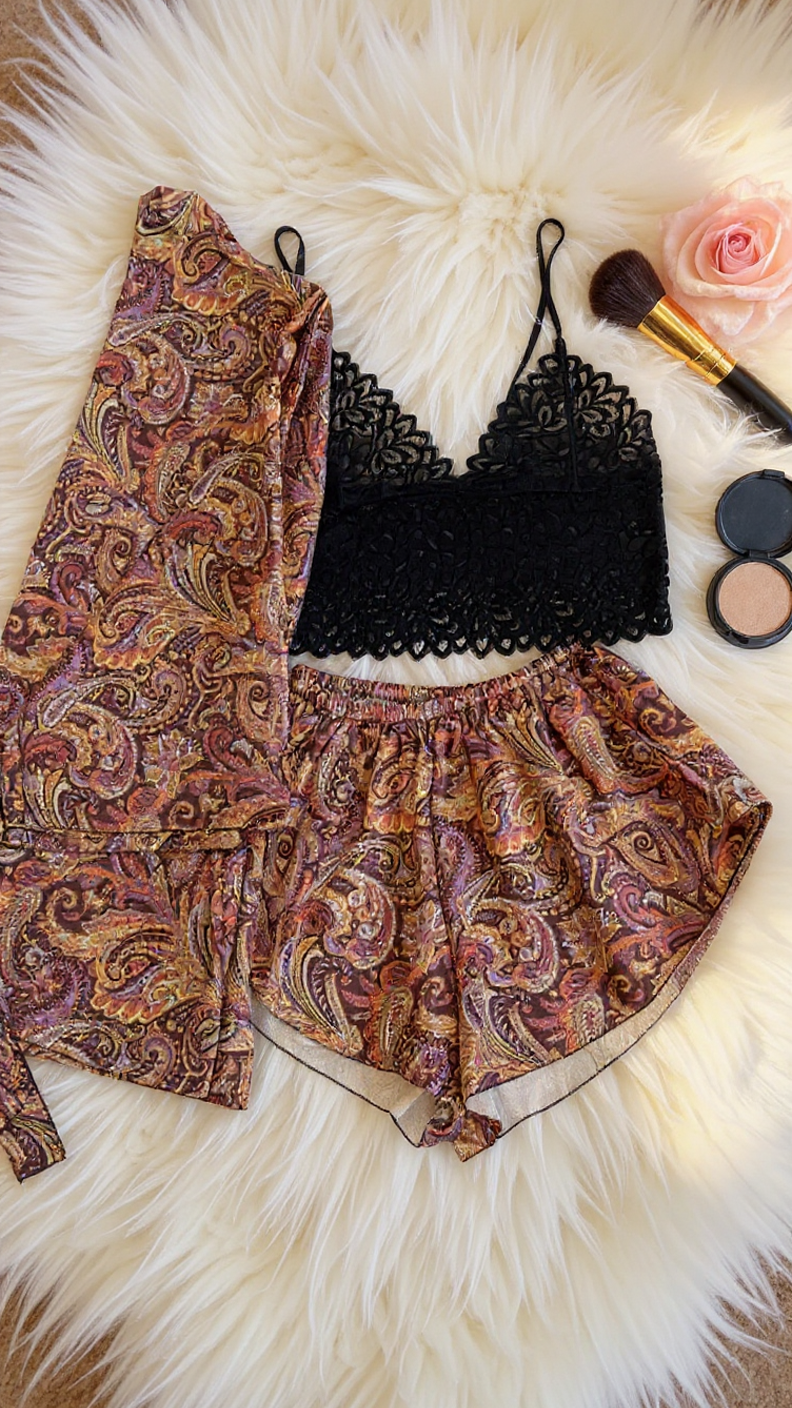 Pajama set 317 -Women’s 3-Piece Paisley Satin Loungewear Set Erotica