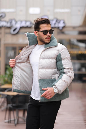 Peluş Detaylı Şişme Mont - Su Yeşili - Justyol
