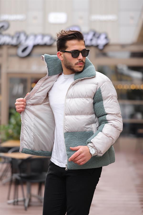 Peluş Detaylı Şişme Mont - Su Yeşili - Justyol
