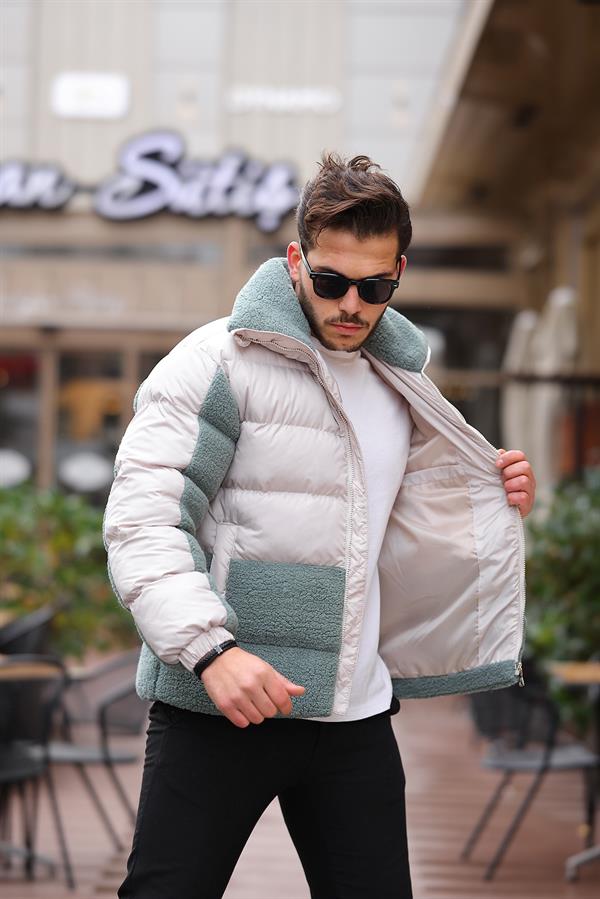 Peluş Detaylı Şişme Mont - Su Yeşili - Justyol