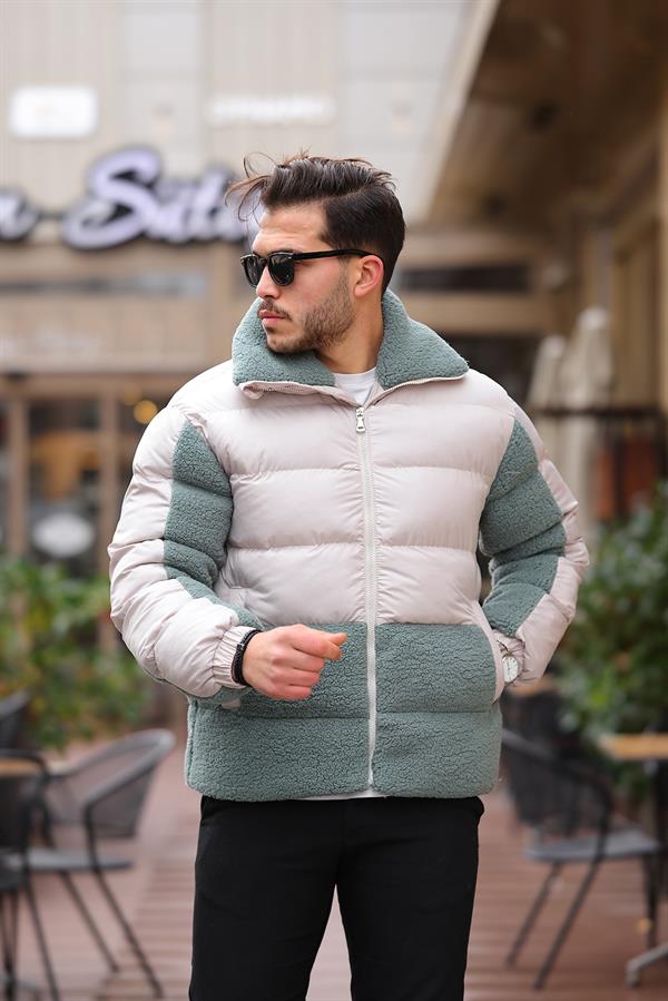 Peluş Detaylı Şişme Mont - Su Yeşili - Justyol