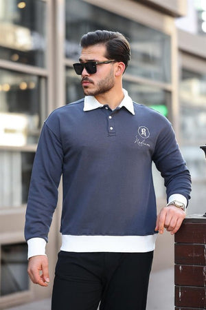 Polo Yaka Düğmeli Nakışlı Sweatshirt - Justyol