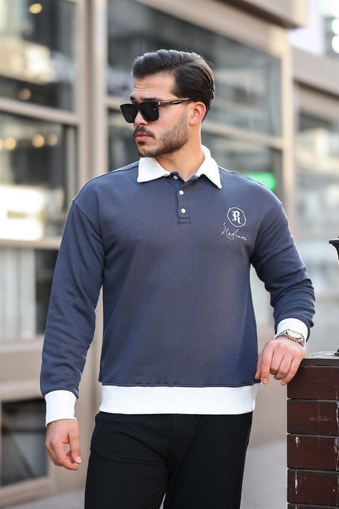 Polo Yaka Düğmeli Nakışlı Sweatshirt - Justyol