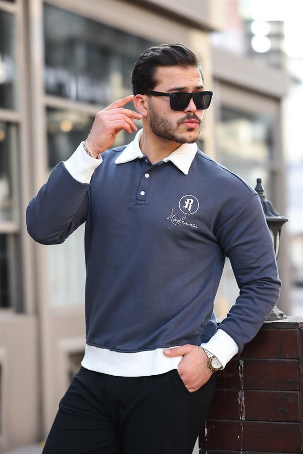 Polo Yaka Düğmeli Nakışlı Sweatshirt - Justyol