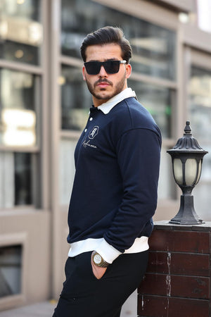 Polo Yaka Düğmeli Nakışlı Sweatshirt - Justyol