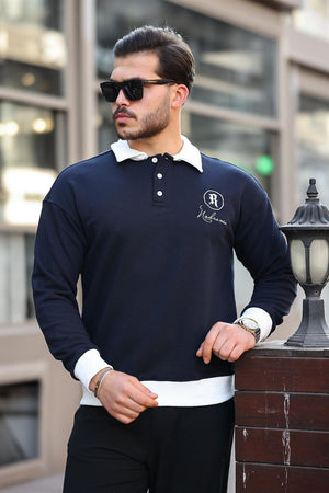 Polo Yaka Düğmeli Nakışlı Sweatshirt - Justyol