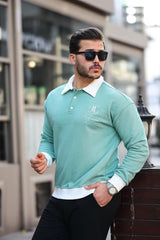 Polo Yaka Düğmeli Nakışlı Sweatshirt - Justyol