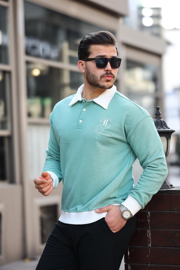 Polo Yaka Düğmeli Nakışlı Sweatshirt - Justyol