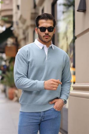 polo yaka selanik örme kumaş erkek sweatshirt - Justyol