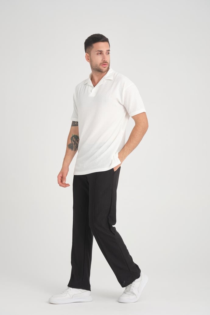 Premium V Yaka Oversize Fitilli T-Shirt - Beyaz - Justyol