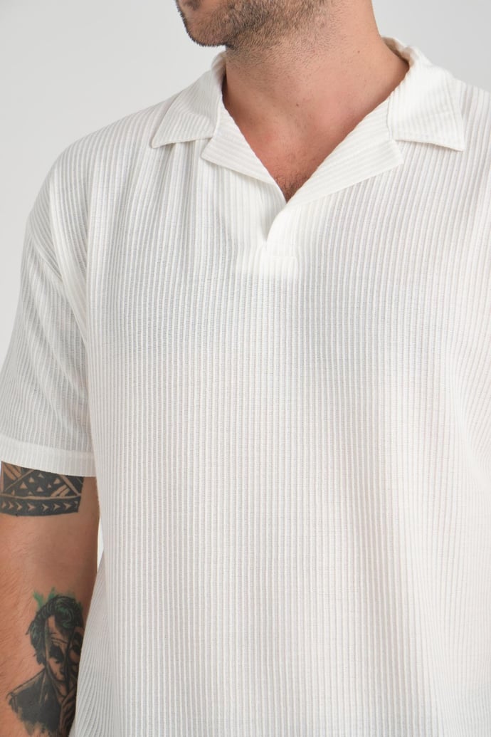 Premium V Yaka Oversize Fitilli T-Shirt - Beyaz - Justyol