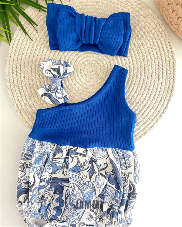 şal desen tek omuz xl bandanali romper set - saks - Justyol