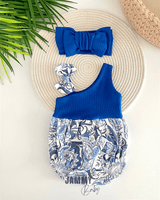 şal desen tek omuz xl bandanali romper set - saks - Justyol