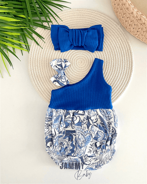 şal desen tek omuz xl bandanali romper set - saks - Justyol