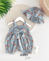 sarah bow linen jumpsuit / ruffle hat set - Justyol