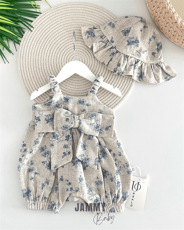 sarah bow linen jumpsuit / ruffle hat set - Justyol