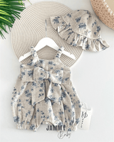sarah bow linen jumpsuit / ruffle hat set - Justyol