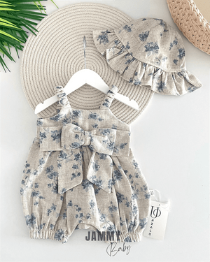 sarah bow linen jumpsuit / ruffle hat set - Justyol