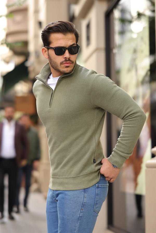 selanik örme kumaş yarim fermuar erkek sweatshirt - Justyol