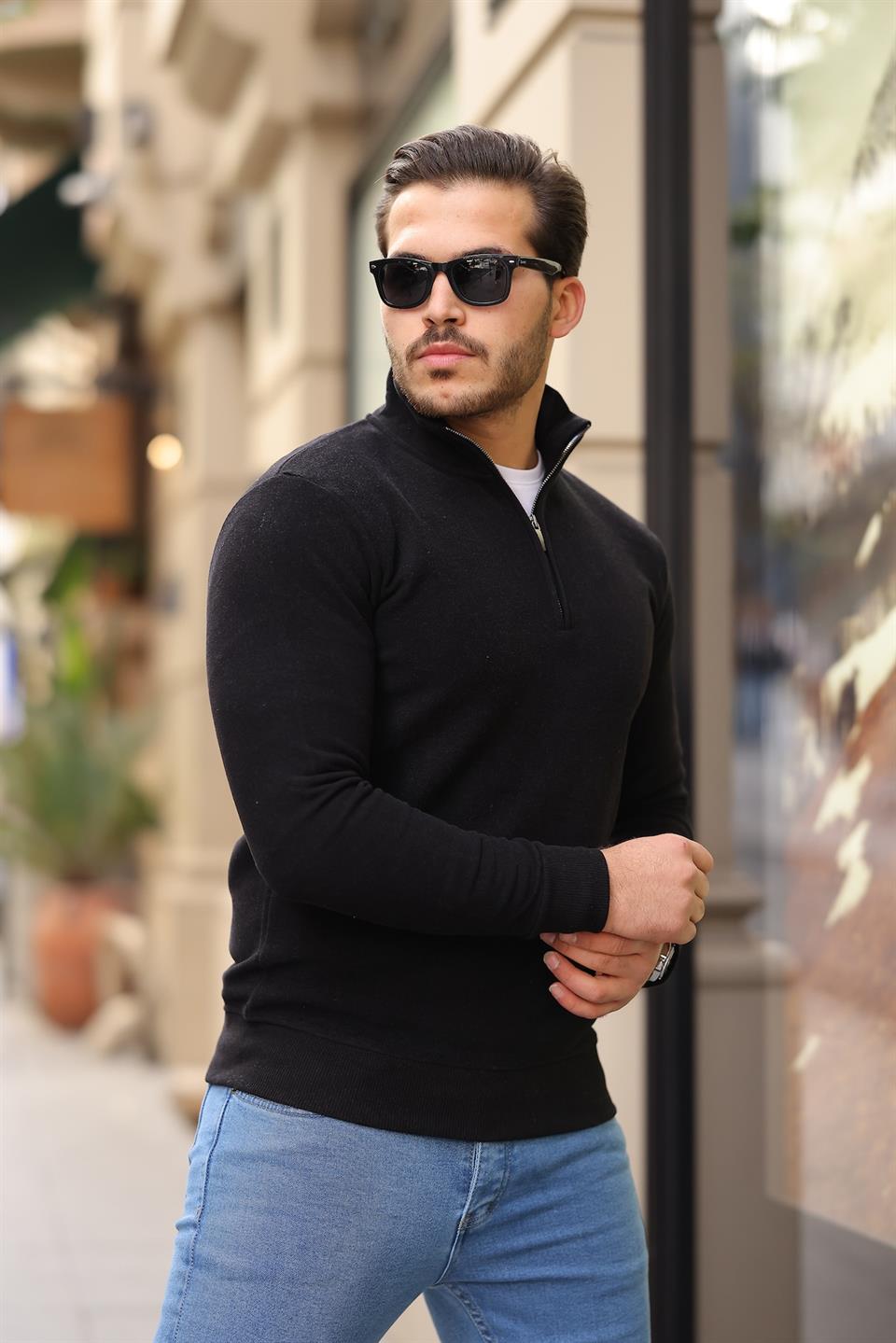 selanik örme kumaş yarim fermuar erkek sweatshirt - Justyol